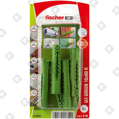 Универсальный эко дюбель Fischer UX 10X60 R GREEN K NV, упаковка блистер  6 шт - №1